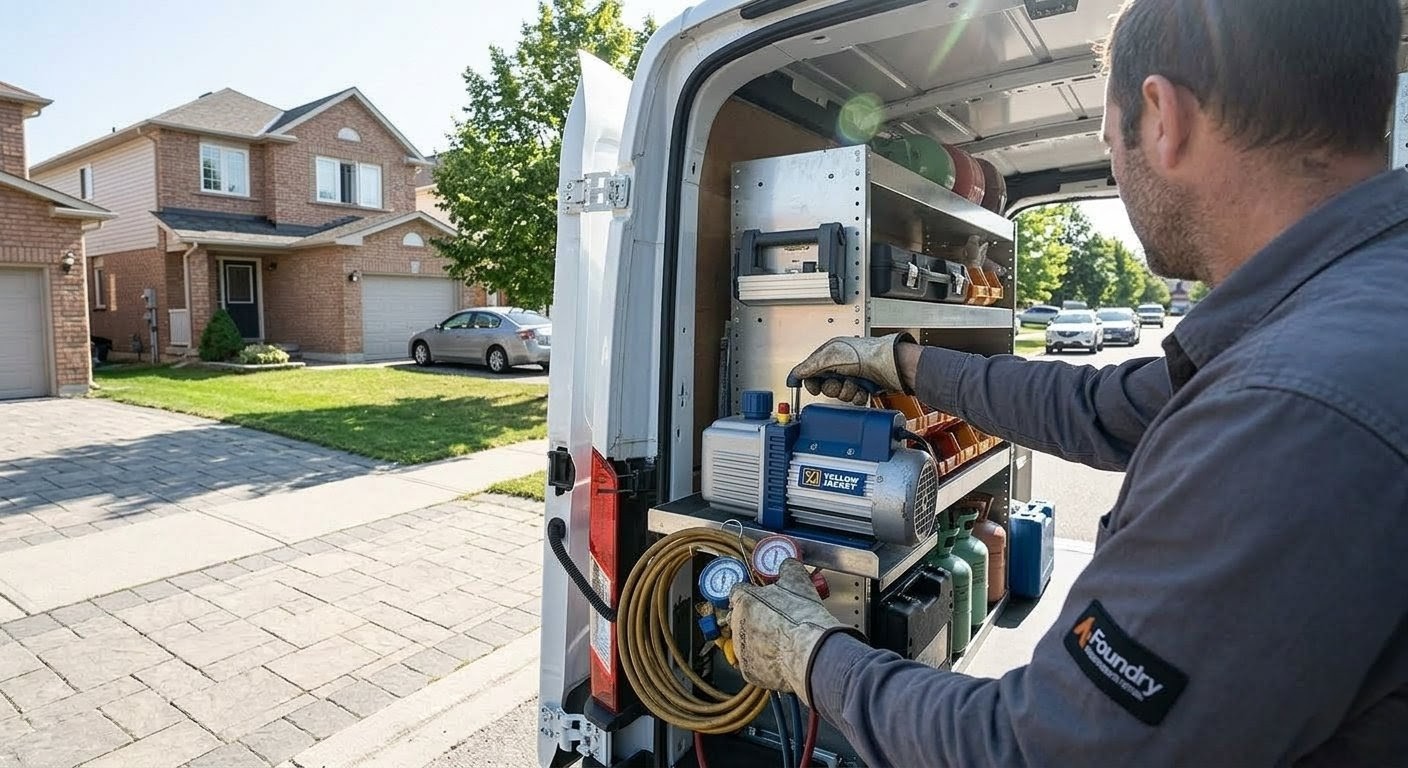 HVAC technician organizing equipment in service van on suburban street